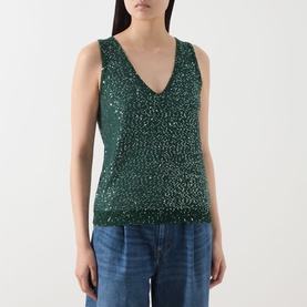 Model wearing Max Mara Weekend Milord Embellished Knitted Vest in green, V-neck sleeveless design with sequin detailing, styled with blue jeans