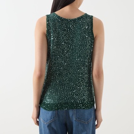 Model wearing Max Mara Weekend Milord Embellished Knitted Vest in green, back view, with sequin detailing, V-neck, styled with blue jeans
