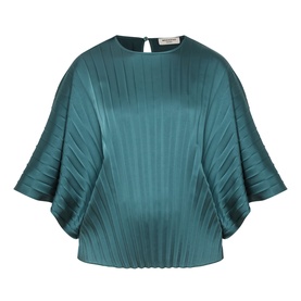 Max Mara Weekend Aureo Pliss&eacute; Top in dark green with round neckline, kimono sleeves, and pleated satin-effect fabric