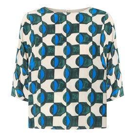 Max Mara Weekend Adone Printed Blouse in dark green geometric print, round neckline, three-quarter sleeves, straight hemline
