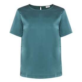 Max Mara Weekend Gilvert Fluid Blouse in green satin, round neckline, short sleeves, straight hemline, button and loop back fastening