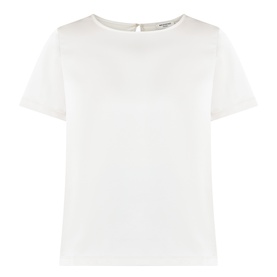 Max Mara Weekend Gilbert Solid Blouse in ivory, short sleeves, crew neckline, satin finish, rear keyhole button fastening, straight hem