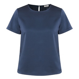 Max Mara Weekend Gilbert Solid Blouse in navy, satin finish, crew neckline, short sleeves, straight hem, rear keyhole button fastening