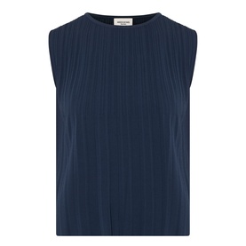 Max Mara Weekend Ere Pliss&eacute; Top in navy, sleeveless with round neckline, all-over pliss&eacute; texture and straight hemline