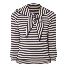 Max Mara Main stone and navy stripe viscose top with tie neck bow detail and three-quarter length sleeves