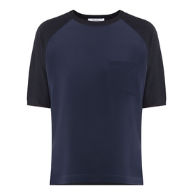 Max Mara Main Golfo Two-Tone Knitted Sweater in Ultramarine, crew neck, contrasting black short sleeves, chest patch pocket