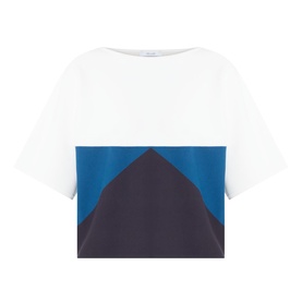 Max Mara Main navy colour-block cropped top with white, blue and dark navy geometric panels, short sleeves and boat neckline.