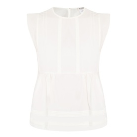 Max Mara Weekend Vallo Peplum Blouse in white, sleeveless with cap detail, pleated front, gathered waist seam and peplum hem