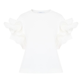 Max Mara Main Costone Ruffle T-Shirt in white cotton with crew neck and dramatic ruffled taffeta short sleeves