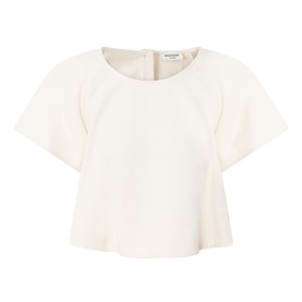 Max Mara Weekend ecru cotton top with flutter sleeves, round neckline, and relaxed cropped silhouette with back zip detail