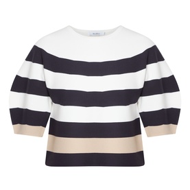 Max Mara Main Voto Striped Sweater in Ultramarine, crew neck, cropped length with kimono sleeves and bold navy, white and sand stripes