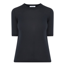 Max Mara Main Aceti Silk-Cashmere Knit Sweater in Ultramarine, crew neck, short sleeves, ribbed trims, fine-knit construction