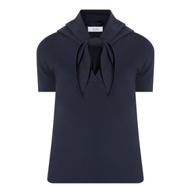 Max Mara Main Palmeti Scarf Top in Ultramarine, short sleeves, detachable scarf tie at notched neckline, ribbed structure, straight hem