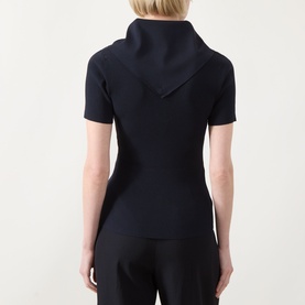 Model wearing Max Mara Main Palmeti Scarf Top in Ultramarine, rear view showing detachable scarf at neck, short sleeves and ribbed structure
