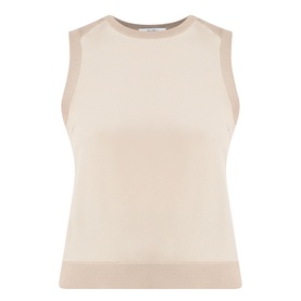 Max Mara Main Ginseng Knitted Vest in stone, sleeveless with crew neckline, panelled silk trim and straight hem