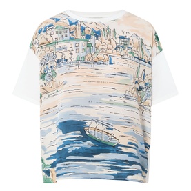 Max Mara Weekend Terzo Silk Waterscape T-Shirt in light blue, crew neck, short sleeves, waterscape harbour print on silk front panel