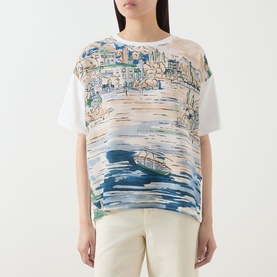 Model wearing Max Mara Weekend Terzo Silk Waterscape T-Shirt in light blue, featuring harbour scene print, crew neck, short sleeves, styled with