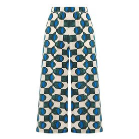 Max Mara Weekend Eusebio Silk Printed Trousers in dark green, cream and blue geometric print, high-rise wide-leg cropped silhouette with elasticated