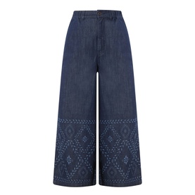 Max Mara Weekend Lampada Bandana Print Culottes in navy denim, wide-leg cropped silhouette with geometric bandana print on lower legs