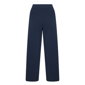 Max Mara Weekend navy wide-leg trousers with ribbed texture and elasticated waistband, 83% viscose blend