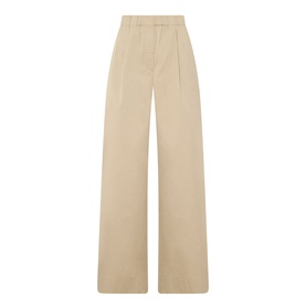 Max Mara Weekend Libero Flared Trousers in beige, wide-leg silhouette with front darts, elasticated waistband, 100% cotton
