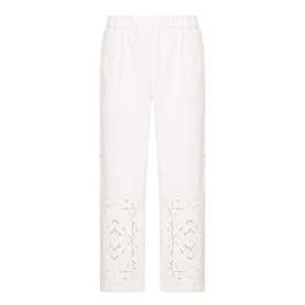 Max Mara Weekend Guiliva Lace Cut-Out Wide-Leg Trousers in white, elasticated waist, intricate lace cut-out detailing at hem and throughout