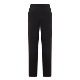 Black straight-leg trousers with elasticated waistband, flat front, and tapered ankle, displayed as a flat lay