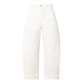 Max Mara white wide-leg cropped trousers with high waist, turn-up hems, and gold-tone button fastening in cotton blend