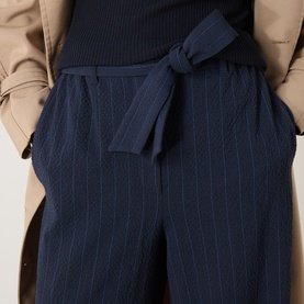 Model wearing Max Mara Main Lira Striped Wide Leg Trousers in ultramarine with tie waist belt, styled with a navy knit and beige coat.