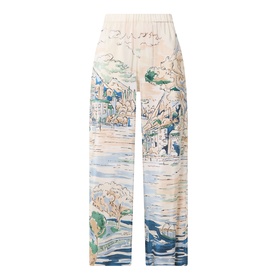 Max Mara Weekend light blue scenic print silk wide-leg trousers with elasticated waist, featuring coastal landscape illustration