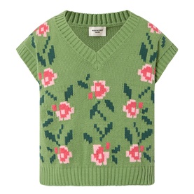 Max Mara Weekend Alamaro Floral Knit Vest in green floral with V-neckline, cap sleeves, ribbed trims, and pink rose intarsia pattern