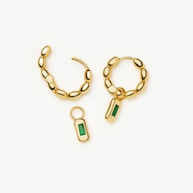 Missoma Gold Olive hoop earrings with detachable green baguette stone charm pendant, shown as a set of two