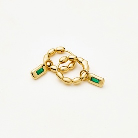 Missoma Gold Olive hoop earrings with chunky oval link design and emerald green baguette crystal drop charms
