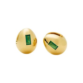 Missoma Gold Olive dome stud earrings with emerald green baguette stone detail, shown as a pair