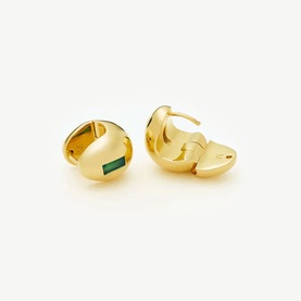 Missoma Gold Olive chunky dome hoop earrings with emerald green baguette stone detail, shown as a pair