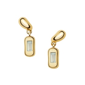 Missoma gold drop earrings with oval stud top and rectangular stone-set pendant in gold-tone setting