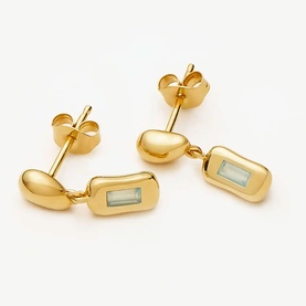 Missoma gold drop stud earrings with domed oval top and rectangular pale green stone baguette drop detail