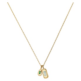Missoma gold chain necklace with two oval pendants, one set with a green baguette stone and one with white enamel inlay