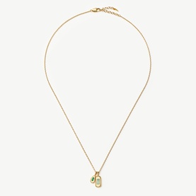 Missoma gold chain necklace with small oval tag and green stone charm pendants, adjustable length