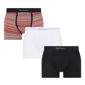 Paul Smith Access Three-Pack Mixed Logo Boxers in multicolour: Artist Stripe, white, and black pairs with branded elasticated waistbands.