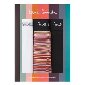 Paul Smith Three-Pack Mixed Logo Boxers in multicolour: white, black and Artist Stripe pairs in gift box packaging.