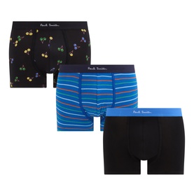 Paul Smith Access Multicolour Boxers 3Pk: black cherry print, blue stripe, and plain black trunks with branded waistbands
