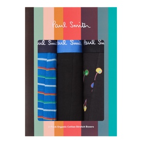 Paul Smith Access multicolour Boxers 3Pk in gift box, featuring stripe, plain black, and balloon print designs with branded waistbands.