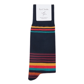 Paul Smith Access blue cotton socks with multicolour teal, red, orange and yellow horizontal stripes at ankle and calf.