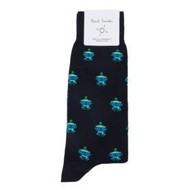 Paul Smith Access blue cotton socks with allover green and teal tortoise print on navy ground