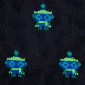 Paul Smith Access blue cotton socks with repeating green and blue pixel robot motif knitted into fabric.