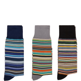 Paul Smith Access Multicolour Socks Multi Pack, set of three pairs with varied horizontal stripe patterns in blue, grey and black
