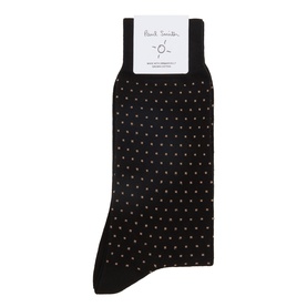 Paul Smith Access black cotton socks with small polka dot pattern, folded flat with branded label visible at top.