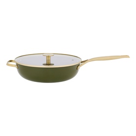 Stellar Cast Light Saut&eacute; Pan 28cm in olive cast iron with transparent lid and gold-tone handle and helper handle