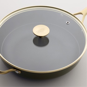 Stellar Cast Light Saut&eacute; Pan 28cm in olive with glass lid, gold-tone handles and knob, grey non-stick interior, cast iron construction.